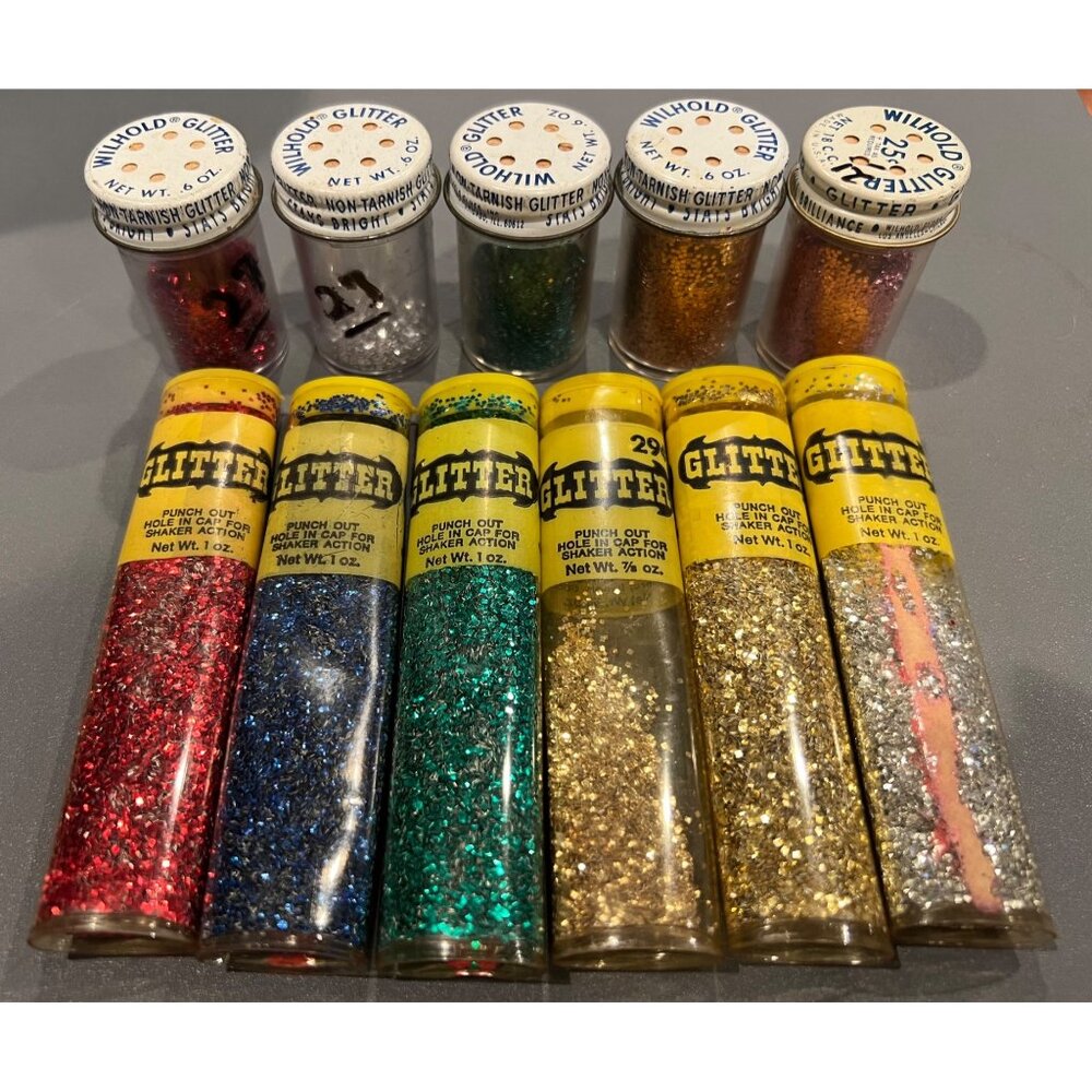 Large Lot of Vintage Glitter Chemtoy Plastic Tubes & Wilhold Glass Shakers Mixed